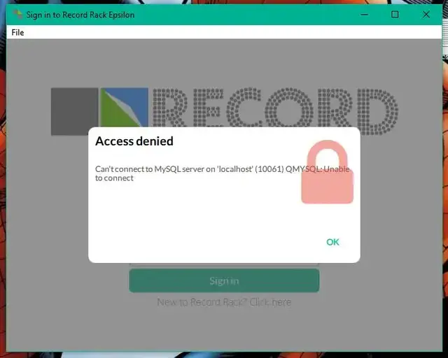 Login screen for Record Rack Epsilon with access denied message instead of dialog
