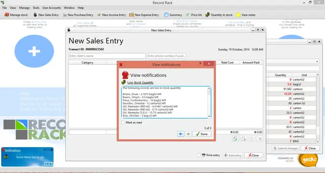 The Record Rack application showing items that are low in stock