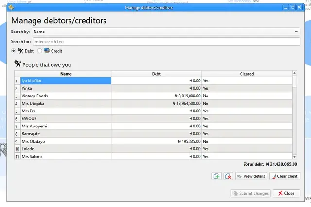 The "Manage debtors/creditors" window in the Record Rack application