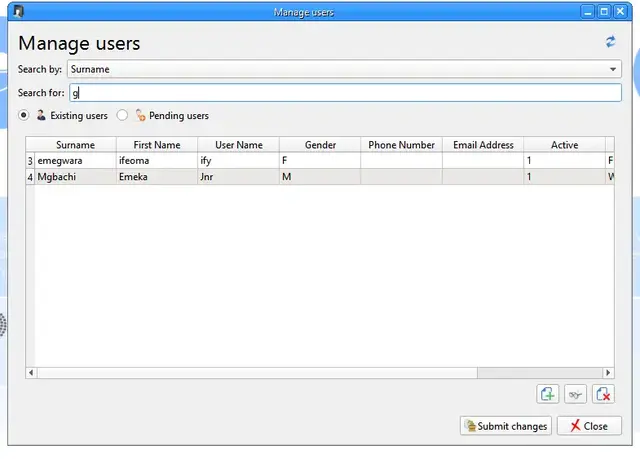 The "Manage user" window in the Record Rack application